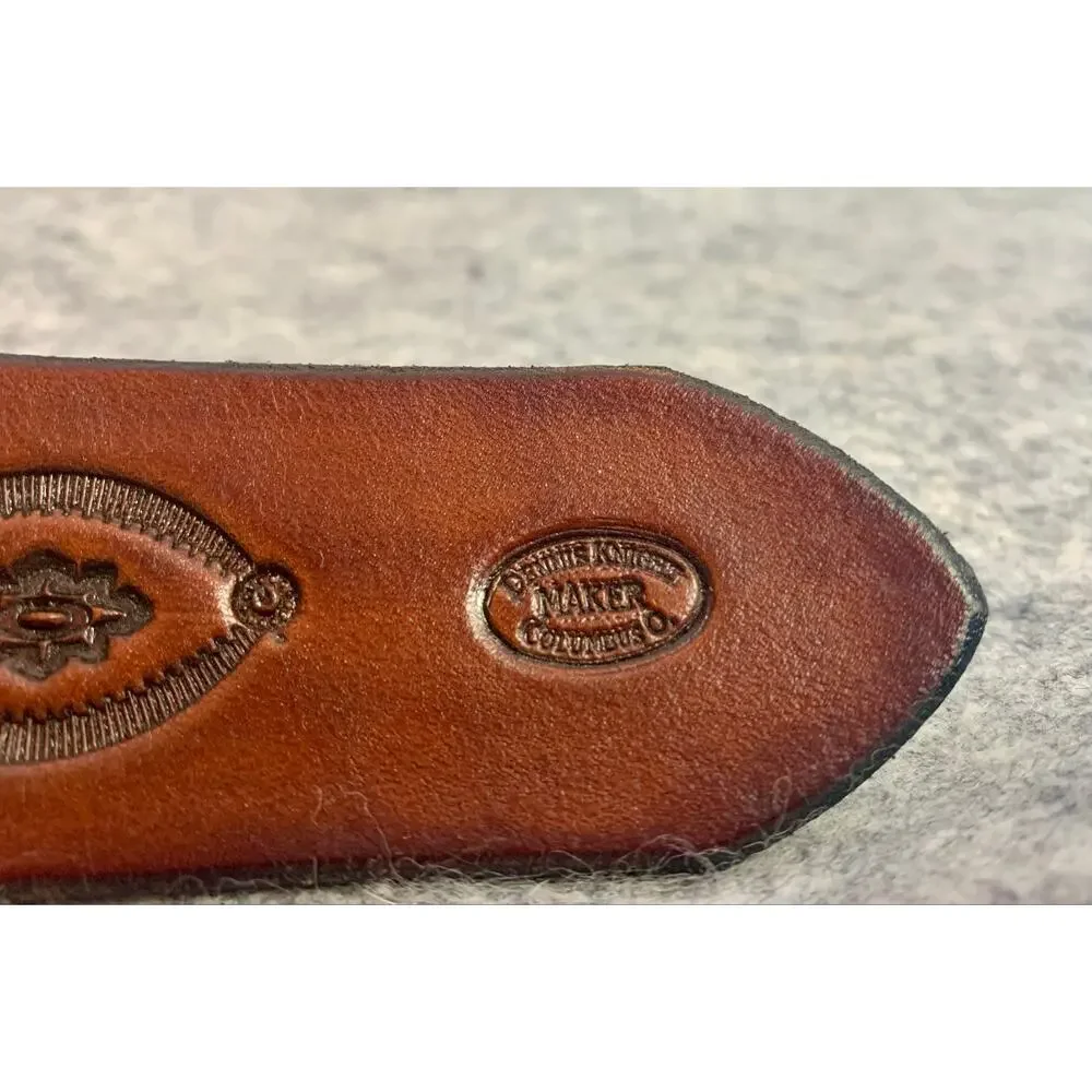River Ridge Leather Belt, Maker Dennis Knight Tooled Brown Woodland Belt Sz 38